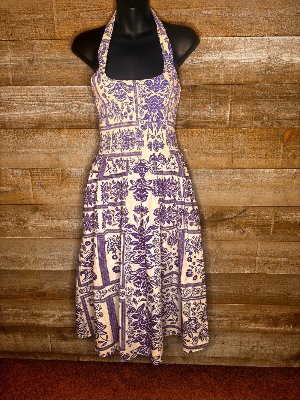 Band of the Free NWT blue white halter Neck Floral Midi Dress Mediterranean